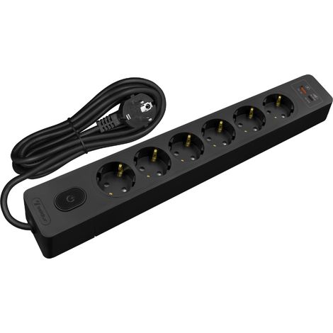 Multiprise SELDUR G6TH52S, 6 prises type F + interrupteur, USB A+C charge rapide 20W, Noir, câble 5m (1/5)