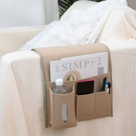 Organiseur d'accoudoir avec fermeture auto-agrippante, pochette de chevet suspendue, poche pour canapé-lit, rangement pour livres, téléphone et lunettes, beige