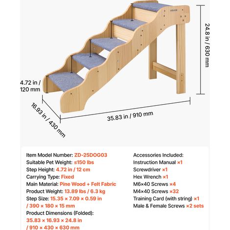 VEVOR Wood Pet Stairs, 5-Step Dog Stairs for High Beds, Sofa & Cars, 68 kg Load Capacity, Non-Slip Surface, Stable Cat & Dog Step Ladder for Small Medium Large Older Pet Puppy Essentials (1/4)