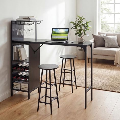 COSTWAY Table Haute Cuisine avec Tabouret, Mange Debout Industriel avec Porte-Verre Porte-Bouteilles, Table Bar avec Tabouret 2 Personnes Compact pour Cuisine Salle à Manger Salon Bistro (Noir) (1/5)