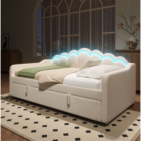 Lit banquette en velours beige 90x200 cm avec rangement hydraulique et bande LED, sans matelas (1/5)