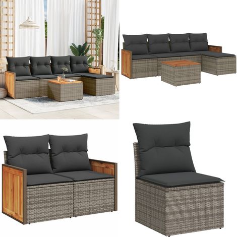 6-tlg. Garten-Sofagarnitur mit Kissen Grau Poly Rattan - Gartenmöbel Set - Rattan Möbel - Outdoor Lounge - Esstisch - Sofas - Home & Living (1/5)
