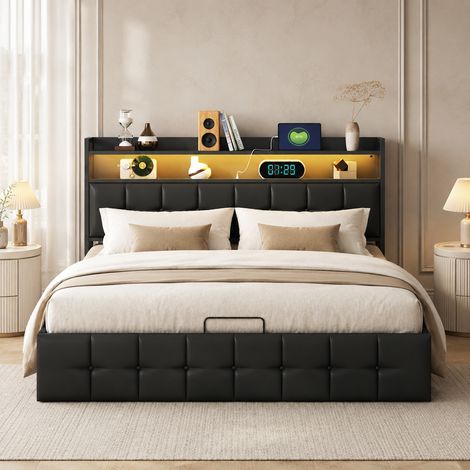 Lit coffre 140x200cm, lit double avec led,usb et rangement, tête de lit capitonnée avec étagère ouvertes, cadre lits avec sommier, pu noir (1/5)