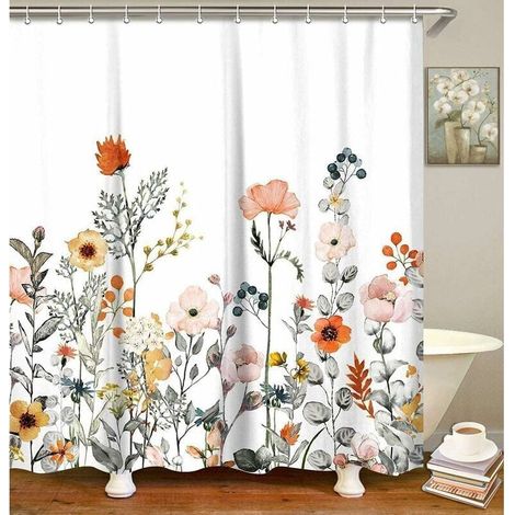 Duschvorhang aus Stoff mit 12 Haken, Blumenmuster, modernes Badezimmerzubehör, maschinenwaschbar, 180 x 200 cm (1/4)