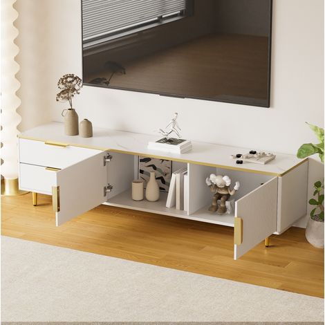 TV-Lowboard 170x37x45 cm Weiß und Gold aus Holzwerkstoff mit Schubladen, Stauraum und geschnitzten Fronten (1/5)