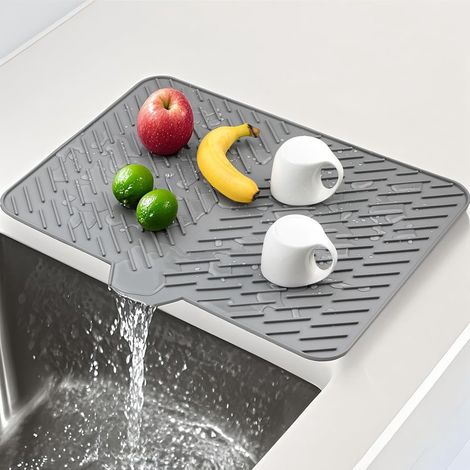 Tapis égouttoir à vaisselle en silicone – Tapis égouttoir pour plan de travail – Résistant à la chaleur, écologique et facile à nettoyer – Gris (1/4)