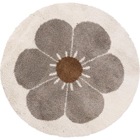 Tapis rond pour chambre d'enfant en velours épais à poils longs motif marguerite taupe - PANGIVO (1/4)