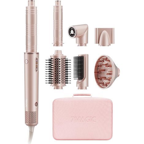 Air Styler 7 en 1, Sèche-Cheveux Ionique avec Diffuseur, Boucleur Auto Brosse Soufflante, Coiffage Auto, Effet Coanda, Séchage Rapide, Volume, Lissage, Boucles, Coffret Voyage, Salon Maison, Rose (1/5)