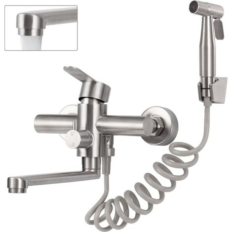 Miscelatore da cucina a parete con pistola a spruzzo – Tubo girevole da 23 cm – Bocca girevole a 180° – Acciaio inox antiossidante – Risparmio idrico fino al 30%