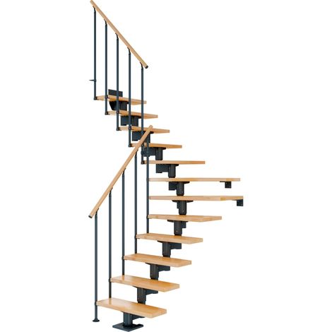 Dolle Mittelholmtreppe Cork Buche, lackiert 1/4 gewendelt 79 cm breit für GH 240 – 292 cm UK Metall Anthrazit mit Geländer