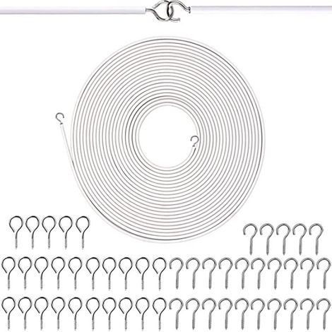 Corde à ressort de 15 mètres en PVC gainé avec œillets, 25 crochets en forme de point d'interrogation, 25 accessoires pour rideaux et ameublement