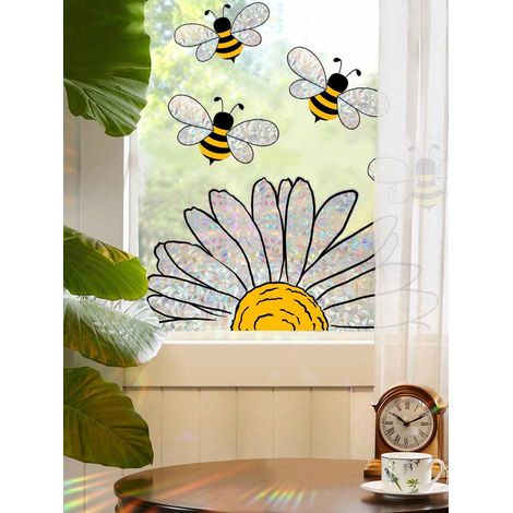 1 autocollant de vitrine adhésif statique « Soleil Vibrant », design abeille et tournesol, cadeaux : autocollant d'anniversaire, autocollant personnalisé (1/4)
