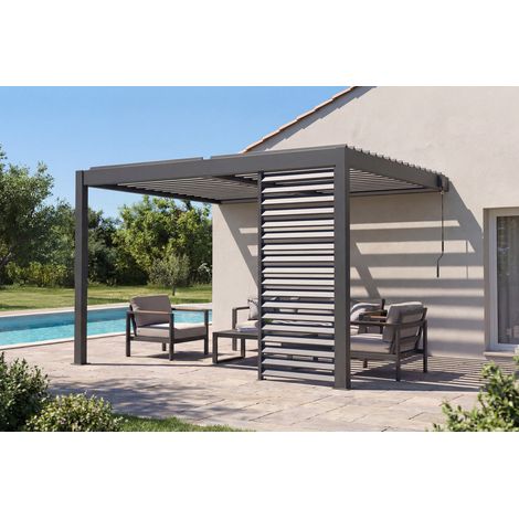 Pergola bioclimatique adossée 3x2m PIANA aluminium gris anthracite avec 1 persienne brise-vue