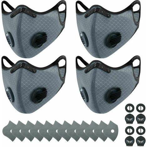 4 masques anti-poussière de sport + 12 filtres à charbon actif, réutilisables, respirants, activités de plein air, travail du bois, tonte et course, cyclisme gris (1/4)