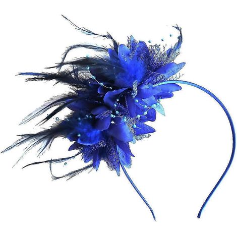 Bandeau vintage à plumes, élégant bandeau en tissu fleuri pour femmes et filles, accessoire de coiffure de mariée-Blue (1/5)