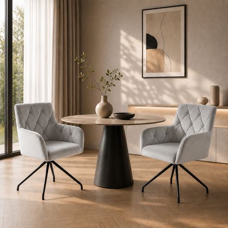 Ensemble 2 chaises salle à manger motif losanges, fauteuil rembourré 4 pieds métal, salon chambre bureau coin lecture, velours, gris clair (1/5)