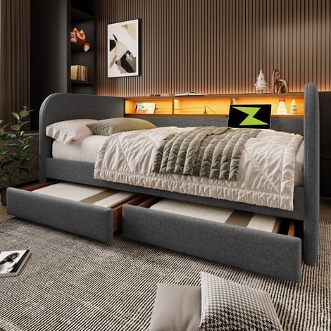 Lit banquette 140x190 cm lit rembourré avec LED USB USB-C tête de lit rangement 2 tiroirs sommier à lattes lin Gris (1/5)