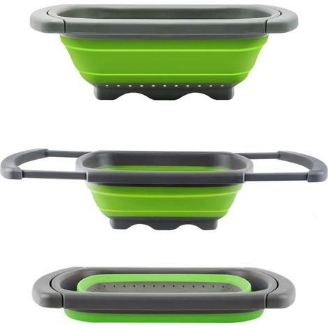 Passoire rétractable passoire pliable à poser au-dessus du lavabo pour fruits et légumes, passoire avec poignées extensibles - Vert (1/5)