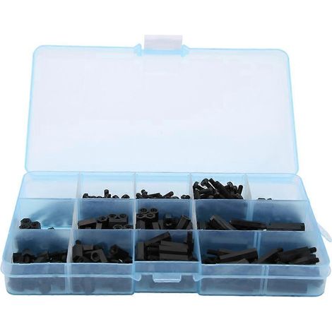310-teilige Box M3 Nylon-Schraubenmutter-Unterlegscheiben-Außengewinde-Innengewinde-Innengewinde-Innengewinde-Innengewinde-Abstandshalter-Sortiment (Schwarz)