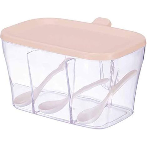Boîte à épices en plastique transparent à trois compartiments avec couvercle et cuillère intégrée (rose), idéale pour ranger vos épices de cuisine. (1/5)