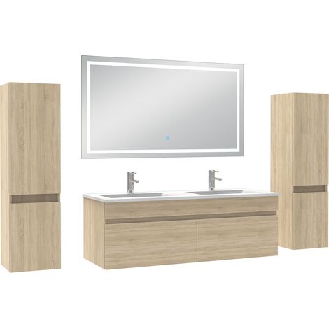 Ocean Ensemble meubles Salle de Bain 120cm avec colonne + miroir lumineux 3 couleurs Chêne Wotan