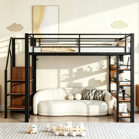 Lit mezzanine 140x200 cm, escalier de rangement, petite armoire, étagères, garde-corps haut, métal, noir (1/5)