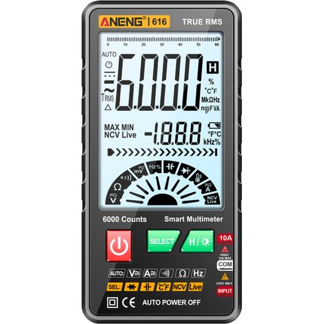 Multimetro digitale intelligente True RMS, selezione automatica portata 6000 conteggi, misura tensione AC/DC, corrente, resistenza con NCV e retroilluminazione