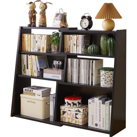 Wooden Expandable Bookcase, 3-Tier Ladder Open Storage Bookshelf with 6 Compartments, Freestanding Storage Shelf for Living Room, Home Office, Dinning Room