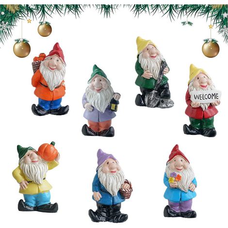 Lot de 7 Figurines de Nains de Jardin Miniatures en Résine - Statuettes de Gnomes Rigolos pour Décoration Extérieure, Intérieur, Paysage Miniature, Pot de Fleurs et Terrarium de Noël
