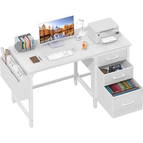 White Desk with Storage Bag, Computer Desk 120 cm with Drawer for Small Space Gaming Bedroom Teenagers Children Study Work (1/5)