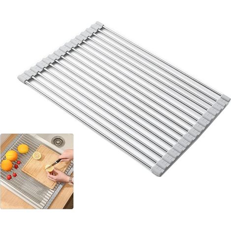 Séchoir À Vaisselle Roll-Up, 100% sans BPA Pliable évier égouttoirs idéal pour Les Fruits, légumes, Assiette, Silicone recouvert d'acier Inoxydable, 37x26cm Gris (1/5)