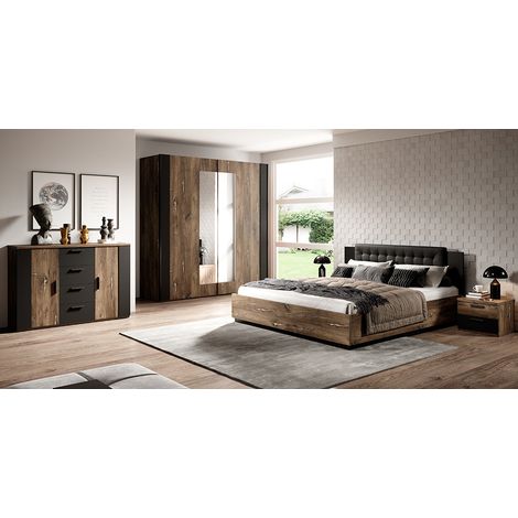 Schlafzimmer komplett Set inkl. Bett und Lattenrost, Liegefläche 160 x 200 cm SOLMS-83 in Flagstaf Eiche dunkel Nb. und silber, kombiniert mit schwarz (1/5)