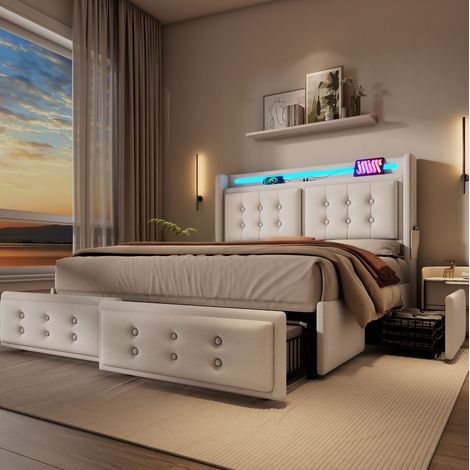 Cama doble con cajones LED y carga USB C beige OKMYHOME (1/5)