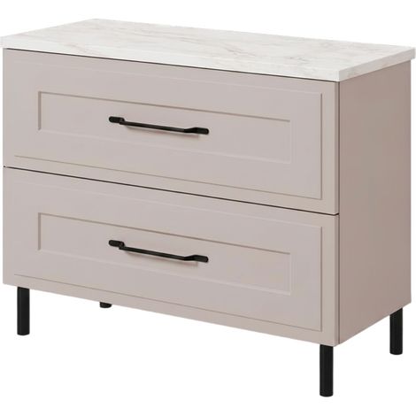 Meuble sous-vasque sur pieds 80 cm, 2 tiroirs, avec plan de travail, Cachemire / Plan Marbre, poignées noires, pieds noirs, 80 x 46 x 73,6 cm (1/5)