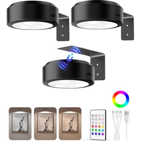 Lampe Murale Sans Fil - Eclairage Pour Tableau - Montage Magnetique Rechargeable USB-C - 3000K-6500K + RGB - Lot De 3 - Noir