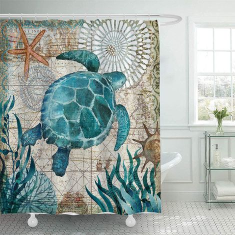 180 x 200 cm großer Duschvorhang mit Schildkrötenmuster, blau-grüner, wasserdichter Duschvorhang mit Meeresmotiv, geeignet für Badezimmer, inklusive 12 Haken.