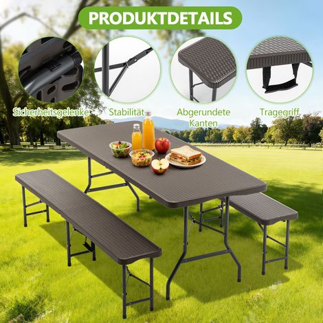 Table de pique-nique pliable 6ft + 2 bancs, ensemble camping 3 pièces, plateau HDPE motif bois, verrouillage sécurité, anti-UV et étanche, marron