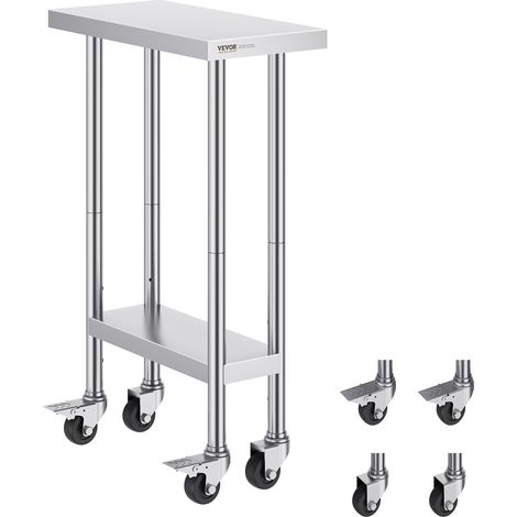 VEVOR Table de Travail Inox 61 x 30,5 x 95,5 cm, Table de Preparation des Aliments avec Roulettes, Capacite de Charge de 227 kg, 3 Niveaux de Hauteur Reglables, Meuble de Rangement pour Restaurant (1/5)