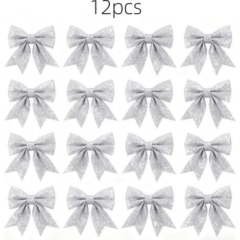12-piece Christmas decorations with bows: glitter wreaths, ribbons, tree stars, sparkling butterflies (silver) (1/4)