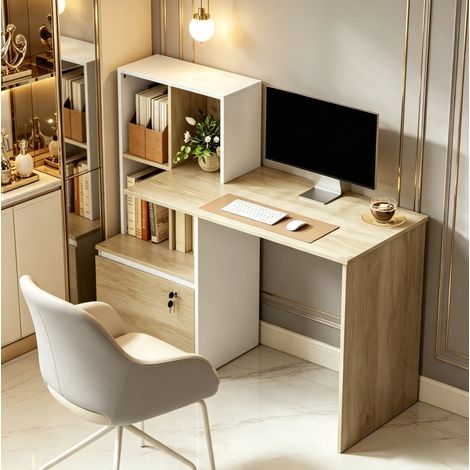 Bureau informatique 126x50x109 cm en panneaux de bois blanc, avec rangement pour bureau FloraGrace (1/5)