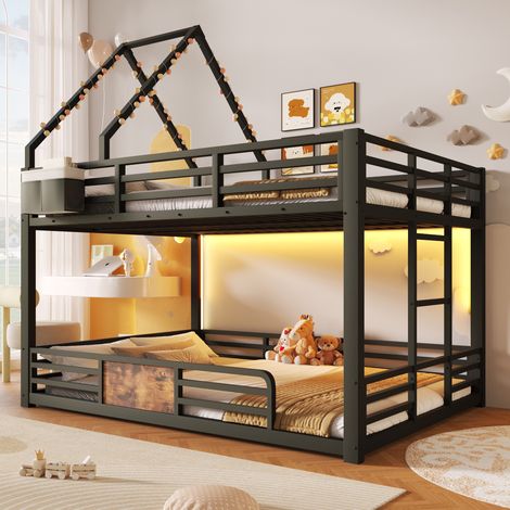 Lit superposé enfant 140x200 cm métal LED, design maison, Lit cabane mezzanine enfant, cadre toit DIY, poches rangement, garde-corps sécurisé - Noir (1/5)