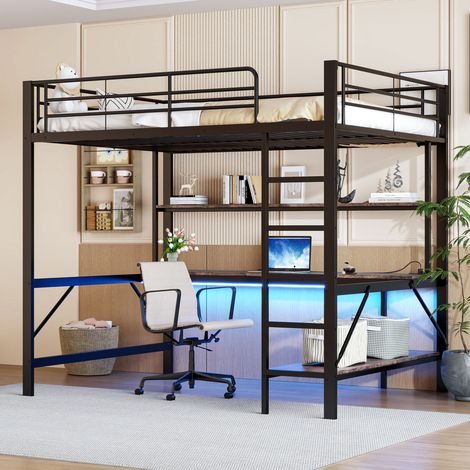 Lit mezzanine 140x200 cm noir en métal et MDF avec bureau, étagères, LED et prises USB (1/5)