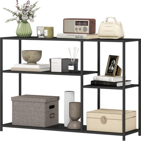 Console d’entrée industrielle en métal noir, étagères asymétriques, meuble gain de place pour couloir, salon ou chambre, 110 x 30 x 75 cm - CHICFURN (1/5)