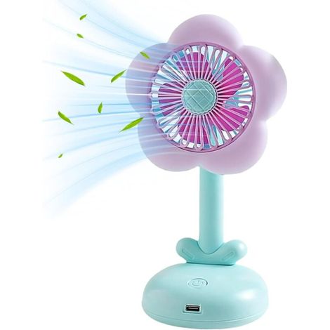 Ventilateur de bureau portable, petit format, flux d'air silencieux, rechargeable par USB, joli design floral et lumière, bleu (1/5)