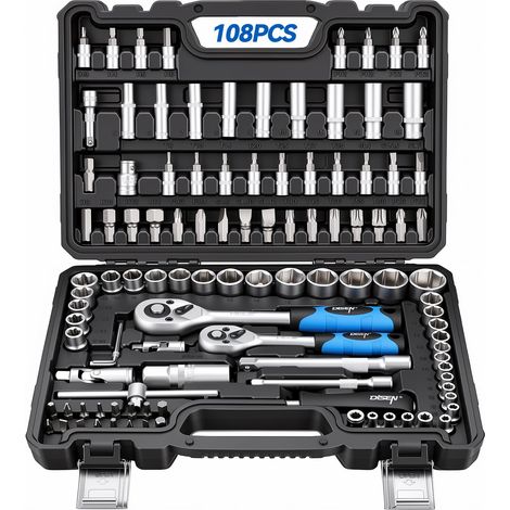 Jeu de 108 clés à cliquet avec cliquet réversible 1/4" et 3/8", avec jeu d'embouts Torx courants, rallonges, jeu de clés à douille et douilles pour la maison (1/5)