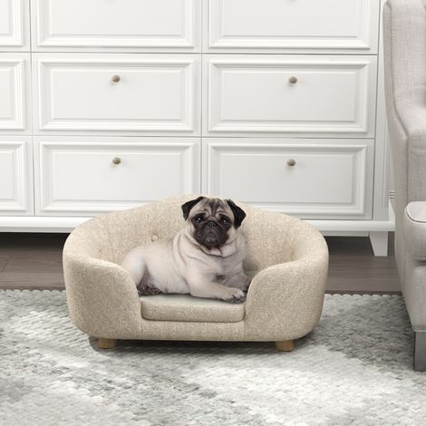 Sofá para mascotas PawHut, colchoneta para perros, cama para perros, sofá para perros, sofá para gatos con cojín, bolsillo trasero, felpa, espuma, madera de pino, crema, blanco, 70 x 47 x 30 cm
