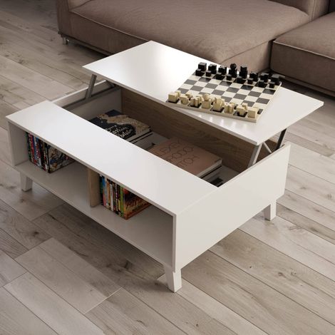 Dmora Couchtisch Lincoln, Kaffetisch, Couchtisch für das Wohnzimmer, cm 100x68h38, Glänzend weiß und Eiche (1/5)