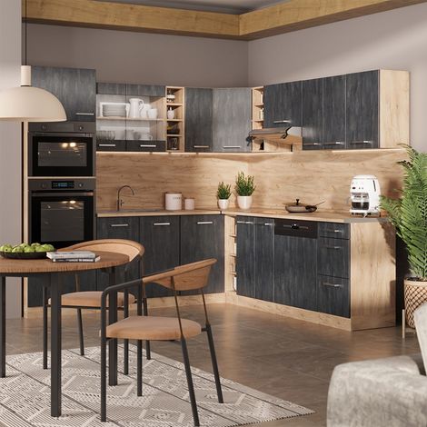 Eckküche R-Line, Schwarz Beton/Goldkraft Eiche, 247 x 237 cm AP Eiche, Vicco