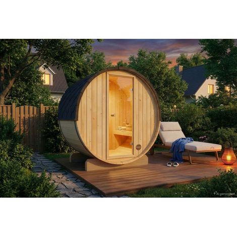 FinnTherm Comfort Set Fasssauna Mini XXS Fasssauna 3 Sitzbänke aus Holz , Sauna mit 42 mm Wandstärke, Außensauna mit Montagematerial (1/5)