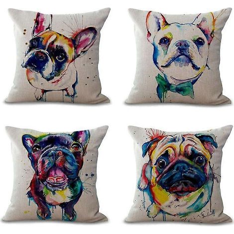 Housse de coussin 45 x 45 cm, motif bouledogue français, coloris clair, en coton et lin, pour canapé, maison, magasin, bar, club, voiture, lit pour chat ou chien (1/5)